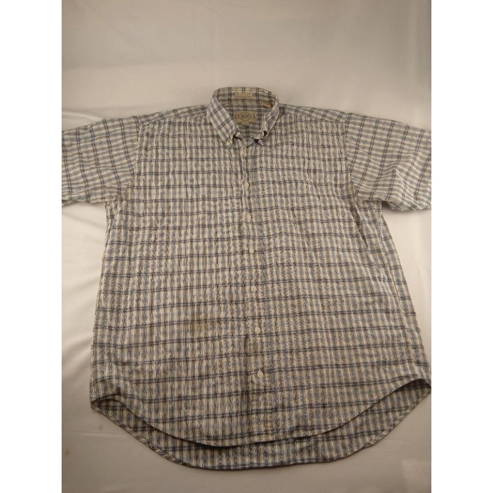 Men's Classics Button Down Blue White Plaid Shirt Size LT